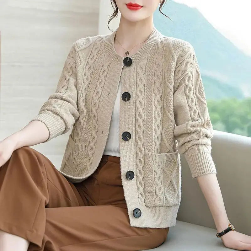 Autumn and Winter Women Stylish Vintage Loose Twists Knitted Cardigan Elegant Solid O Neck Long Sleeve Pocket Thick Sweater Coat