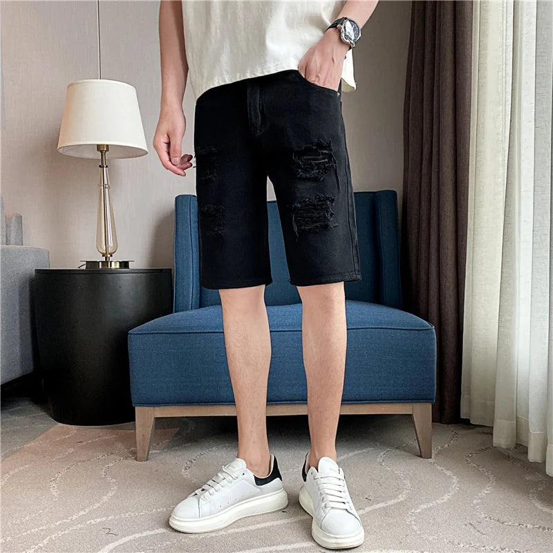 Summer Men's Casual White Denim Shorts White Fashion Ripped Straight Pants Stretch Slimsoft Male Knee Length Hole Short Jeans