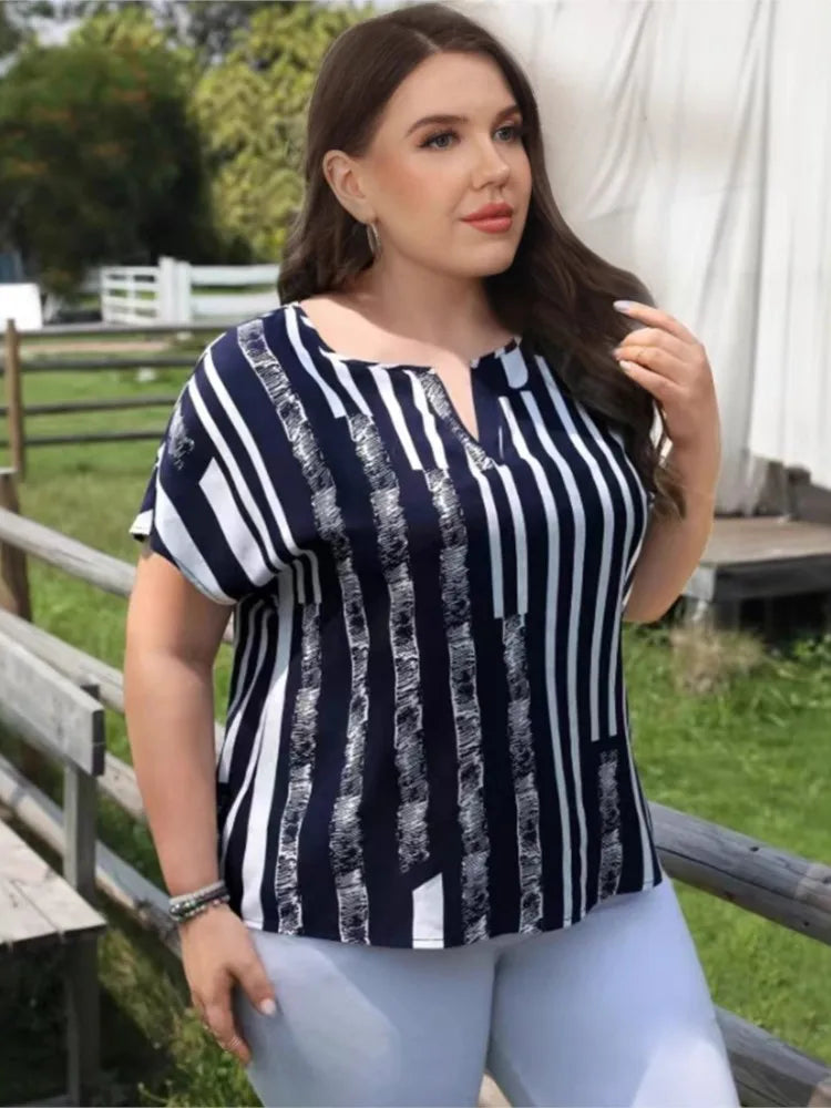 Plus Size Summer Striped Print V-Neck Pullover Tops Women Casual Loose Pleated Ladies Blouses Fashion Woman Short Sleeve Tops