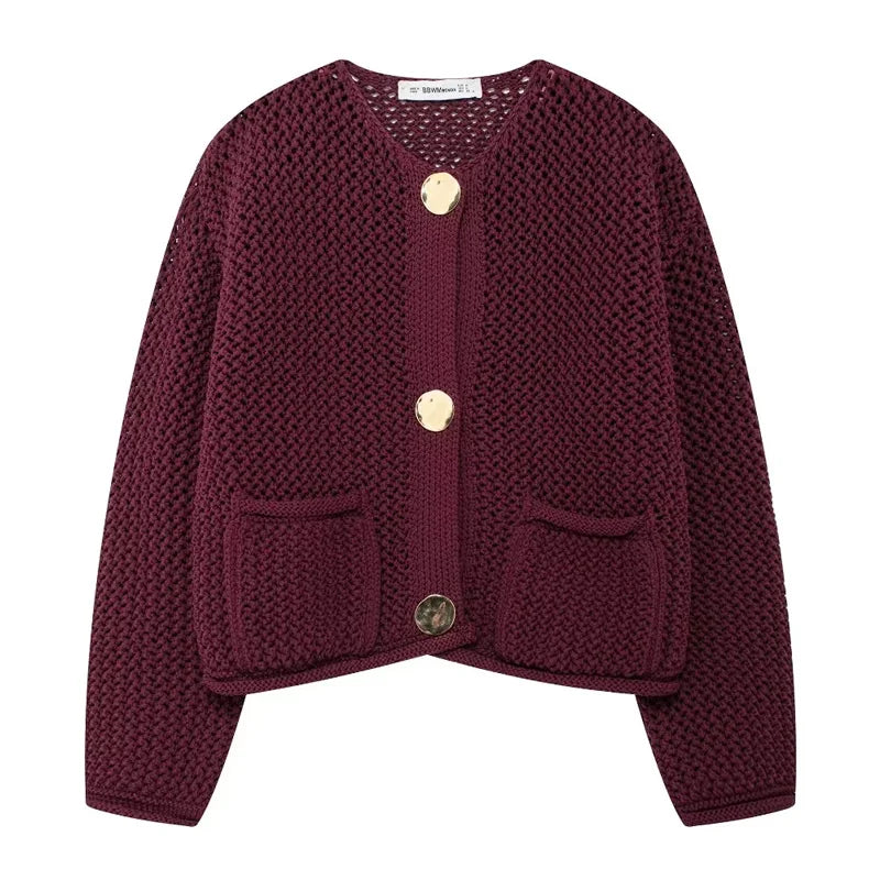 TRAF Knitted Sweater Cardigan For Women Autumn Long Sleeve Cropped Cardigans Ladies Outerwears Winter Button Knit Sweater