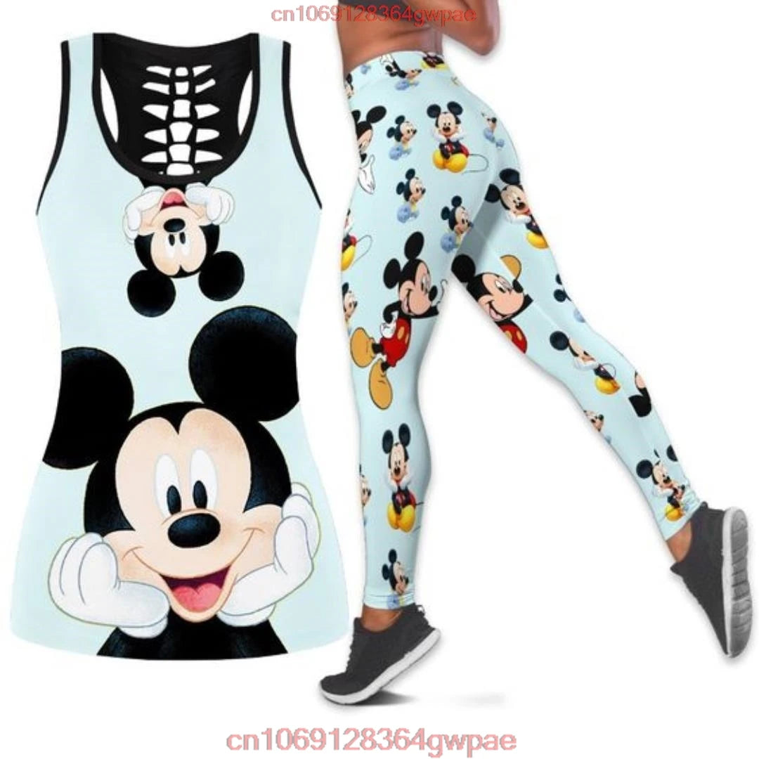 New Mickey Mouse Women's Hollow Vest Women's Leggings Yoga Suit Fitness Leggings Sports Suit Disney Tank Top Legging Set Outfit