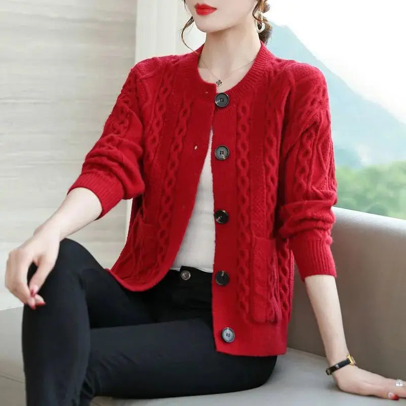 Autumn and Winter Women Stylish Vintage Loose Twists Knitted Cardigan Elegant Solid O Neck Long Sleeve Pocket Thick Sweater Coat