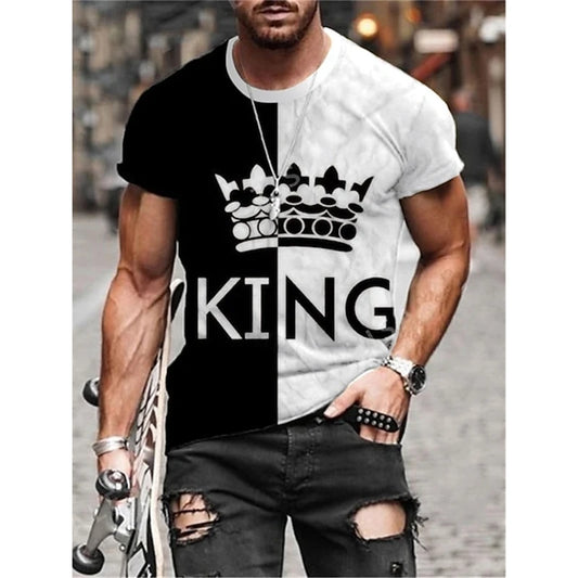 Fashion Men T-Shirt 3D King Letter Print Short Sleeves Streetwear Daily Top Men Vintage Sportswear Loose Oversized Y2k Clothes