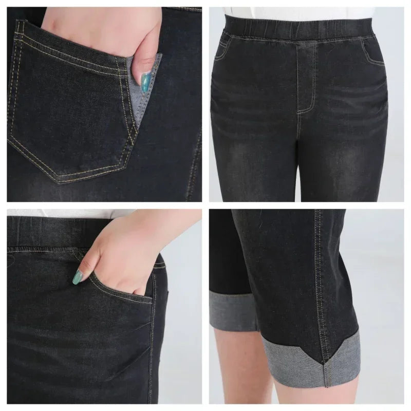 140KG Women Denim Shorts Summer Extra Large Cropped Pants Plus Size 7XL 8XL 9XL High Waisted Elastic Loose Calf-Length Jeans