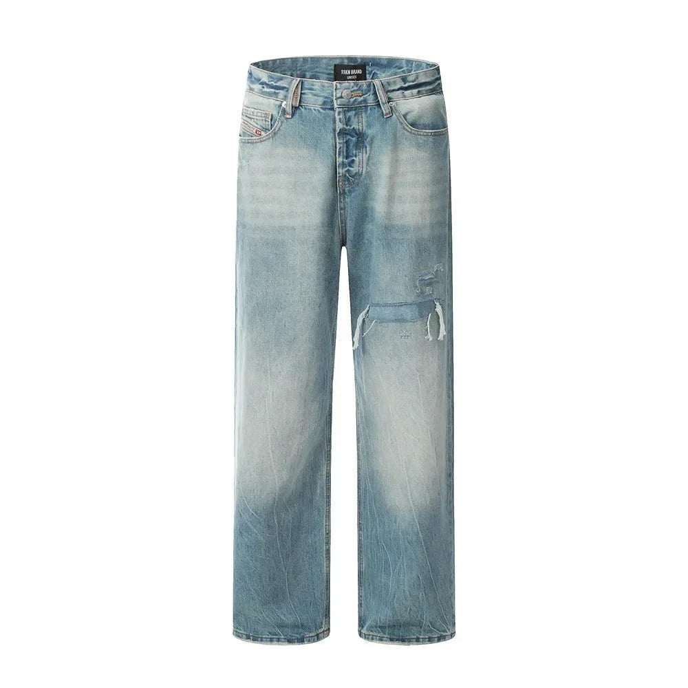 Men Retro Loose Wide-leg Floor-dragging Long Trousers of Contrast-color Sprayed Monkey-washed Jeans with Holes and Straight Legs