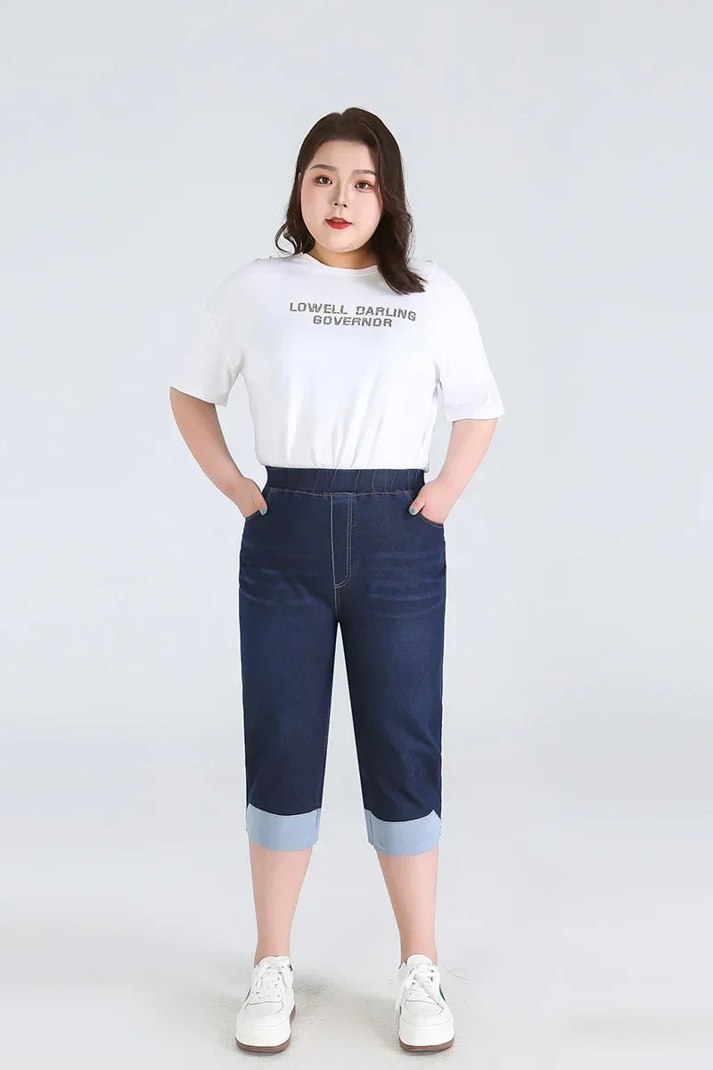 140KG Women Denim Shorts Summer Extra Large Cropped Pants Plus Size 7XL 8XL 9XL High Waisted Elastic Loose Calf-Length Jeans