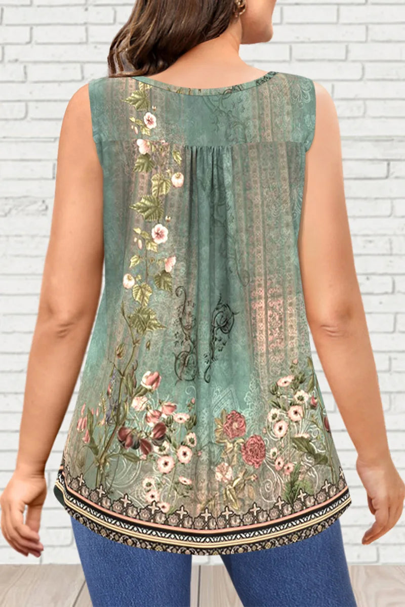 Flycurvy Plus Size Casual Green Retro Boho Floral Print pleated Tunic Tank Top