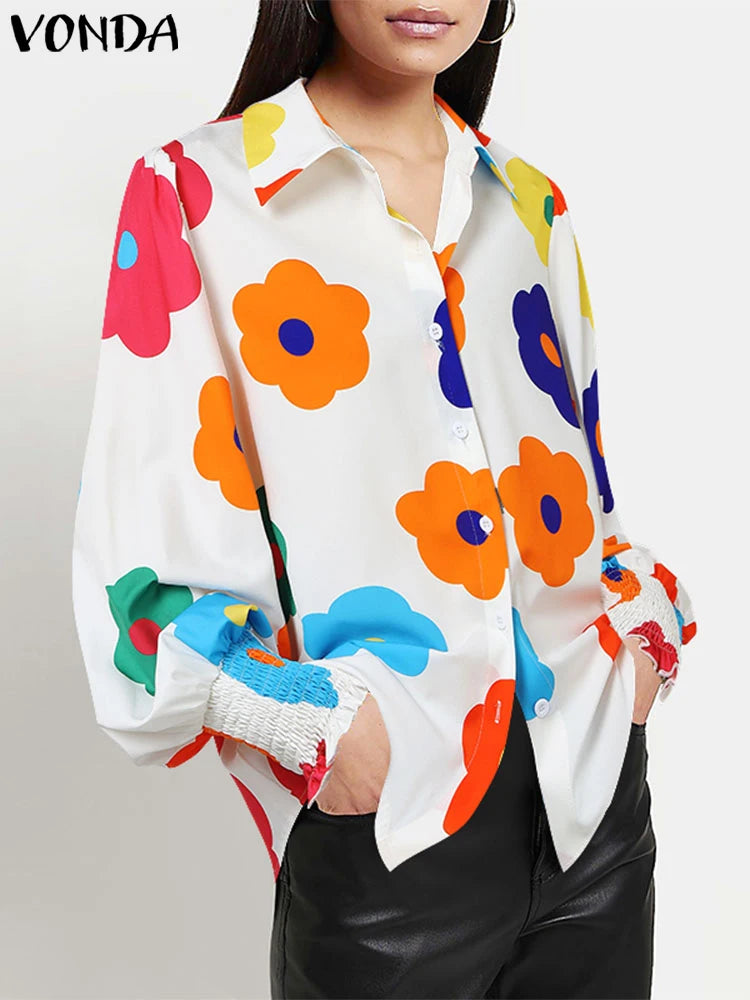 Plus Size 5XL VONDA Casual Floral Printing Loose Tops Women Shirts 2024 Lapel Collar Blouses Top Lantern Long Sleeve Tunic