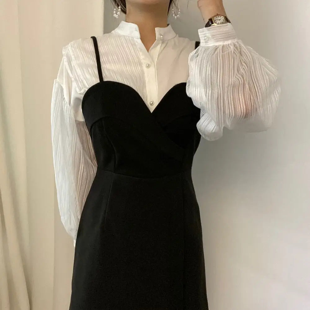 Shirts Women Elegant Chic Summer \Mesh Patchwork Stand Collar Daily Casual Classy Loose Lady Tops Lantern Sleeve Vintage Clothes