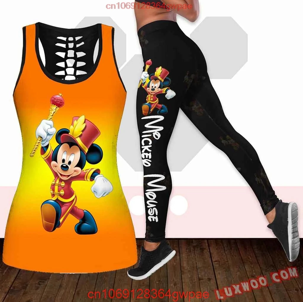 New Mickey Mouse Women's Hollow Vest Women's Leggings Yoga Suit Fitness Leggings Sports Suit Disney Tank Top Legging Set Outfit