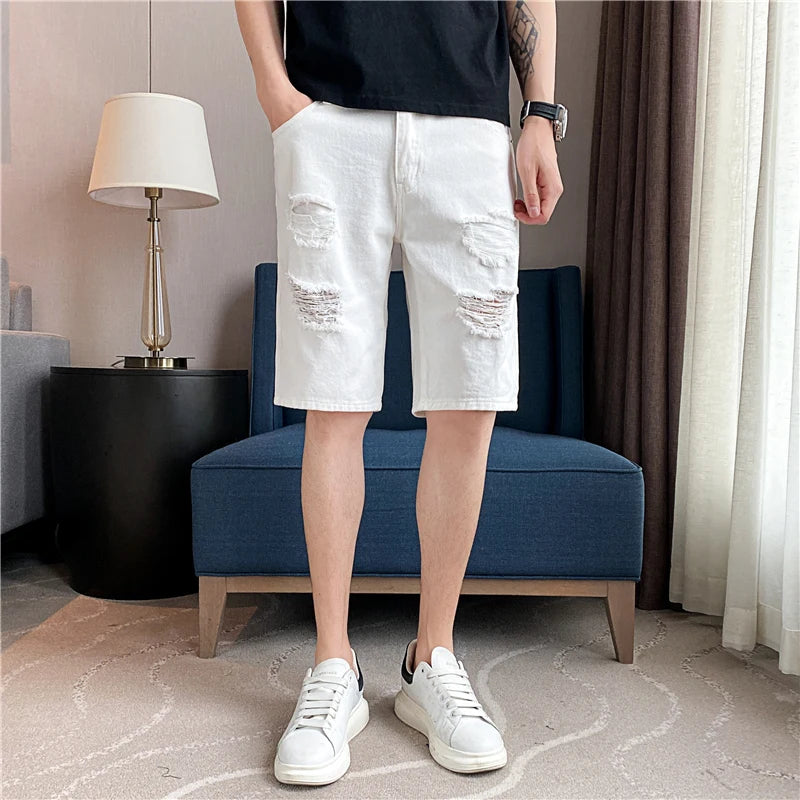 Summer Men's Casual White Denim Shorts White Fashion Ripped Straight Pants Stretch Slimsoft Male Knee Length Hole Short Jeans