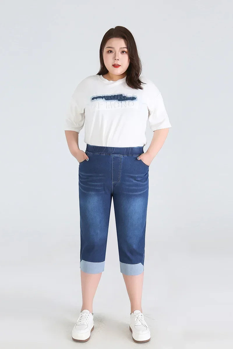 140KG Women Denim Shorts Summer Extra Large Cropped Pants Plus Size 7XL 8XL 9XL High Waisted Elastic Loose Calf-Length Jeans