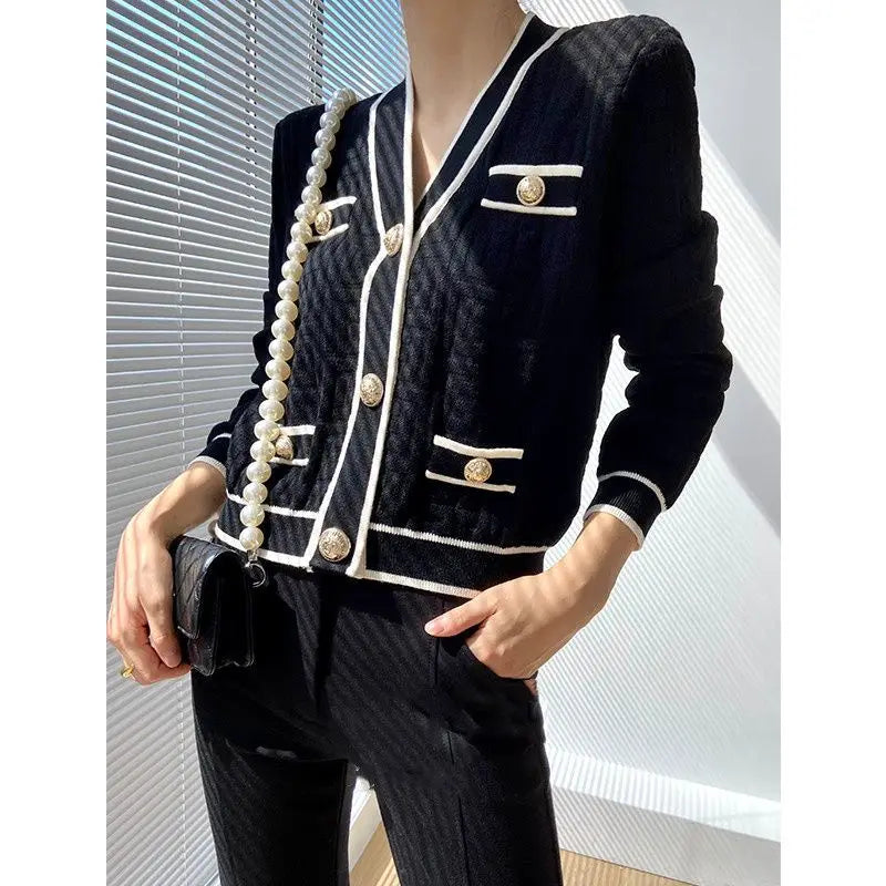 Spring Autumn New V-neck Long Sleeve Fashion Sweater Women High Street Casual Button Patchwork Cardigan Elegant Vintage Tops