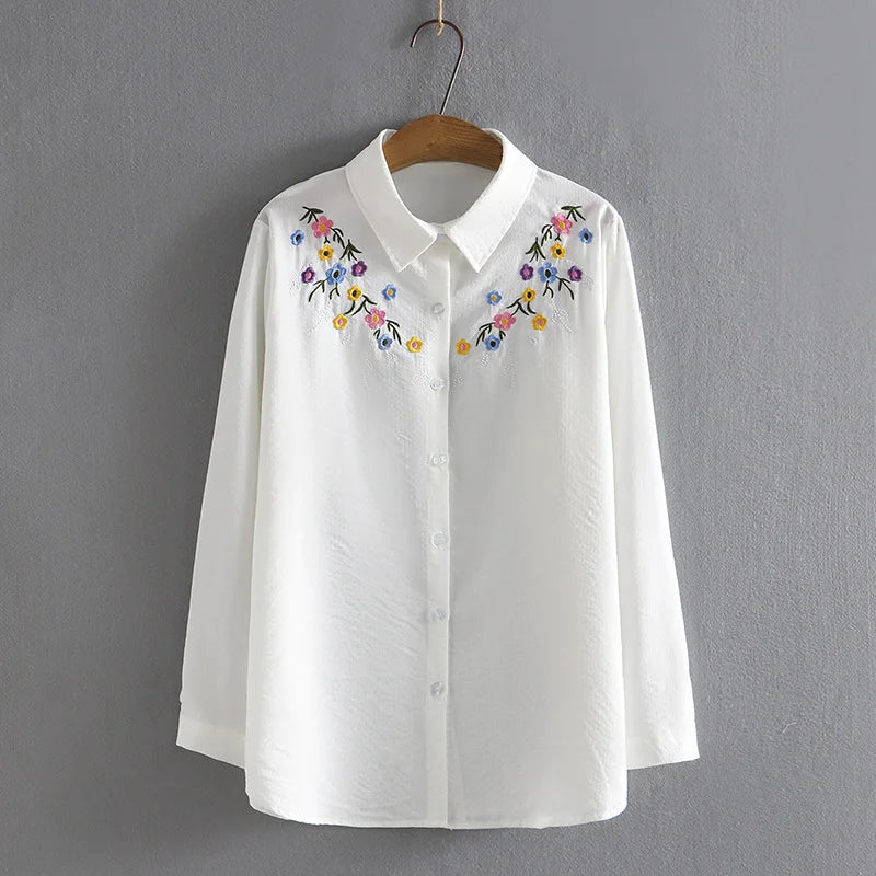 4XL Plus Size Shirts Women Spring Chest Embroidery Flower Tops Loose Long Sleeve Cotton Blouses Curve Clothes