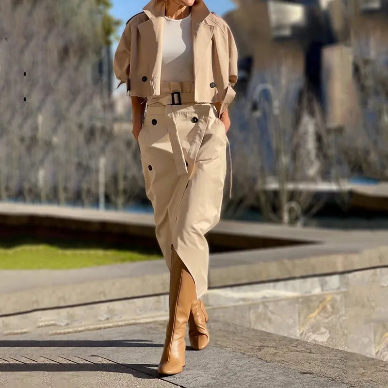 Casual Cargo Temperament Button Belt Dress Set Women Stand Collar Short Jacket Tops and High-waisted Slit Skirt Office Two-Piece