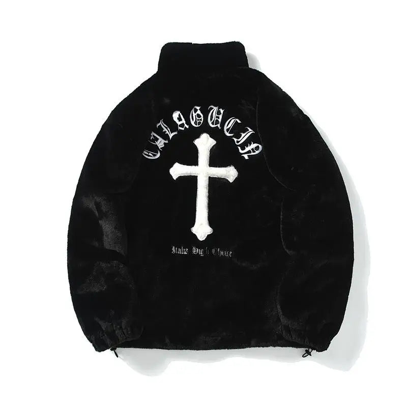 Gothic Letter Embroidery Imitation Rabbit Fur Artificial Fur Male Street Loose Autumn And Winter Warm Jacket Male