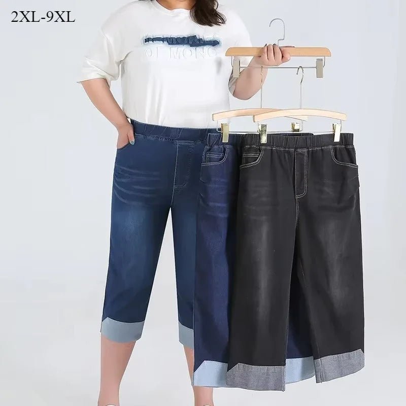 140KG Women Denim Shorts Summer Extra Large Cropped Pants Plus Size 7XL 8XL 9XL High Waisted Elastic Loose Calf-Length Jeans