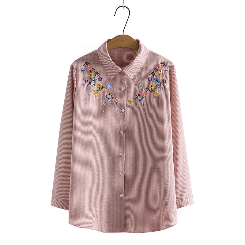 4XL Plus Size Shirts Women Spring Chest Embroidery Flower Tops Loose Long Sleeve Cotton Blouses Curve Clothes