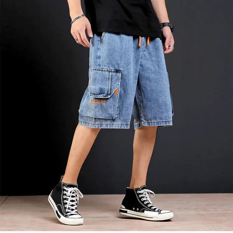 Men's Short Jeans Pants Cargo Baggy Drawstring Male Denim Shorts with Pockets Text Wide Loose Original Cowboy Buttons Jorts Sale