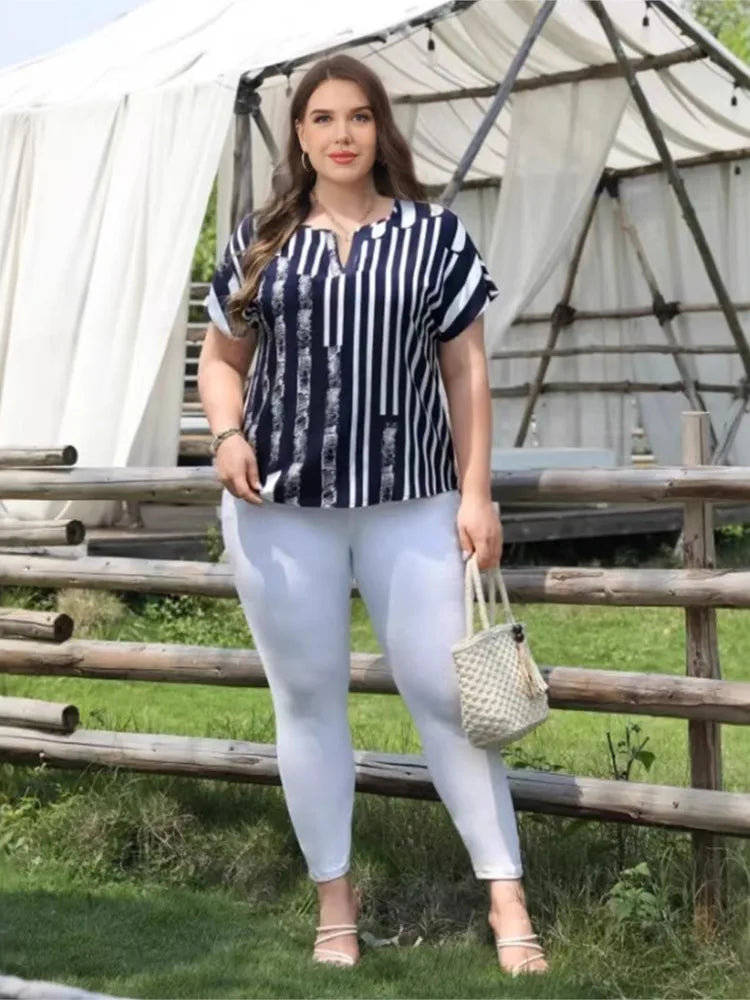 Plus Size Summer Striped Print V-Neck Pullover Tops Women Casual Loose Pleated Ladies Blouses Fashion Woman Short Sleeve Tops