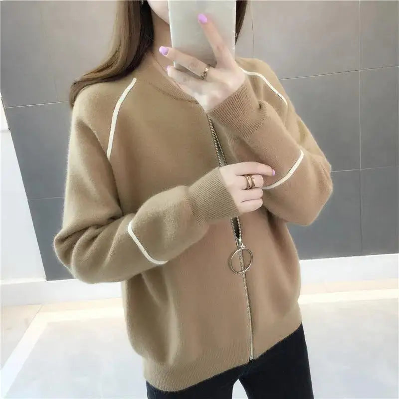 Solid Color Zipper Lantern Long Sleeve Sweater Knitted Women's Clothing Cardigan Autumn Winter Round Neck Office Lady Tops