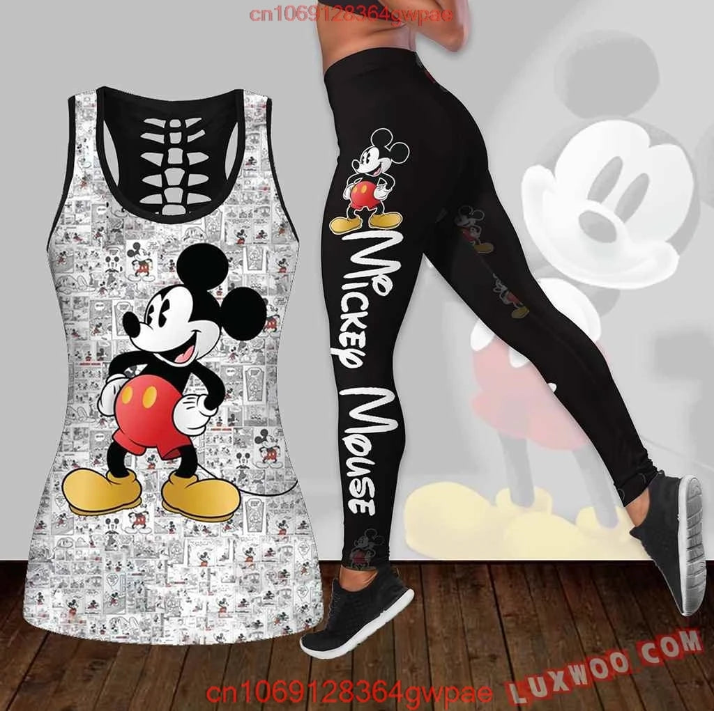 New Mickey Mouse Women's Hollow Vest Women's Leggings Yoga Suit Fitness Leggings Sports Suit Disney Tank Top Legging Set Outfit