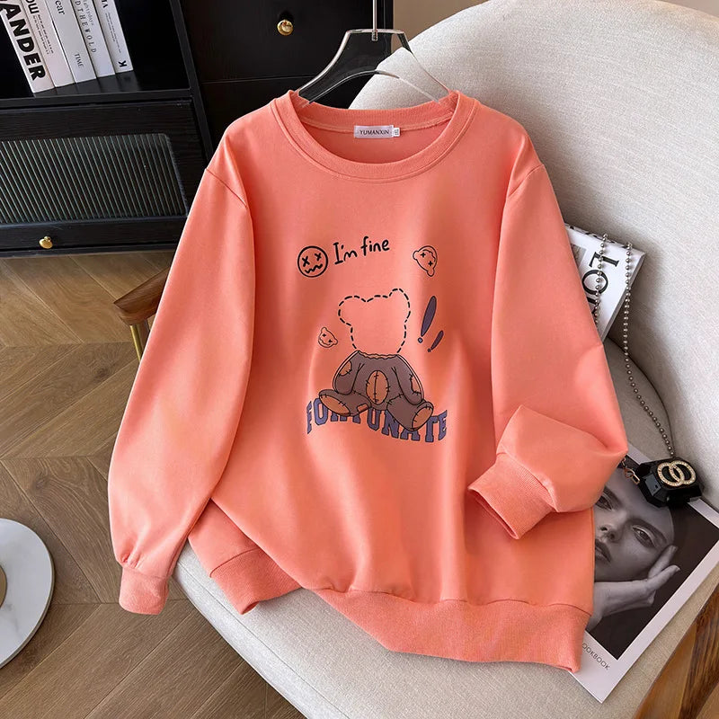 170Kg Plus Size Women's Bust 170 Spring Autumn Loose Round Neck Bear Sweatshirt Long Sleeve Casual Top 6XL 7XL 8XL 9XL 10XL 11XL