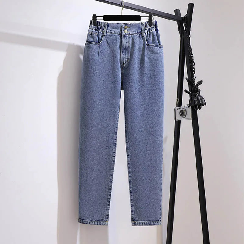 150Kg Plus Size Women's Spring Autumn Loose High Waist Slim Jeans 6XL 7XL 8XL 9XL 10XL Straight Wide Leg Pants Black Blue