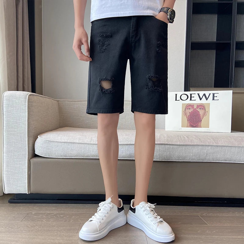 Summer Men's Casual White Denim Shorts White Fashion Ripped Straight Pants Stretch Slimsoft Male Knee Length Hole Short Jeans