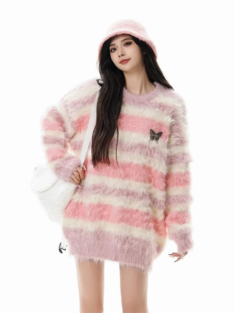 Original Sweet Mink Fur Butterfly Striped Sweater for Women 2025 Autumn Winter New Korean Version Lazy Style Knitted Sweater Top