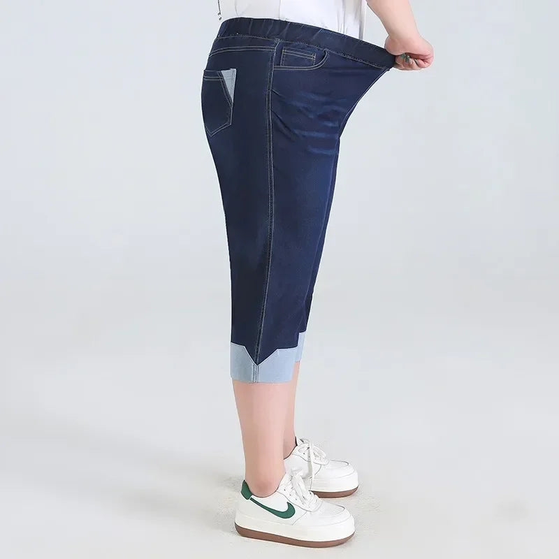 140KG Women Denim Shorts Summer Extra Large Cropped Pants Plus Size 7XL 8XL 9XL High Waisted Elastic Loose Calf-Length Jeans