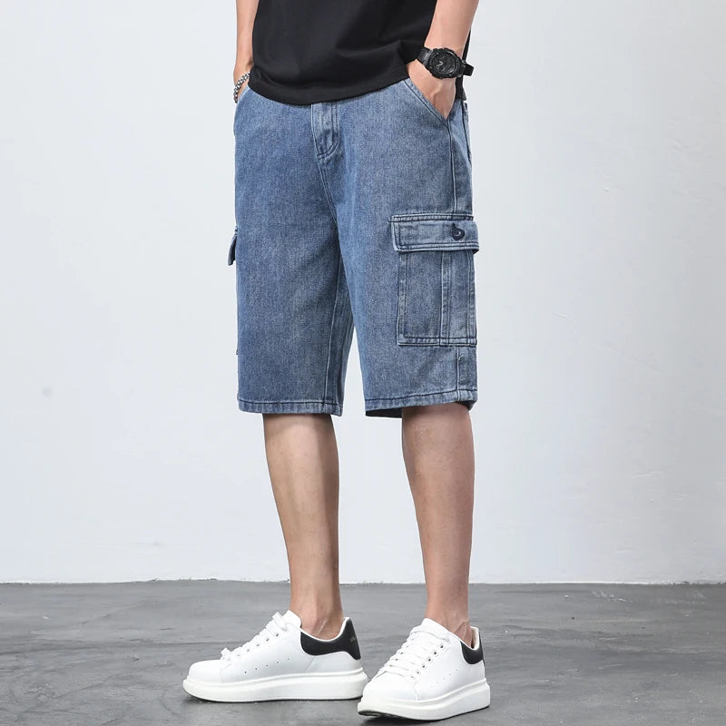 Denim Shorts for Men's Cargo Pants Large Pockets Casual Fashion Wide Short Pants Baggy Bermuda Jeans Male Beach Pants