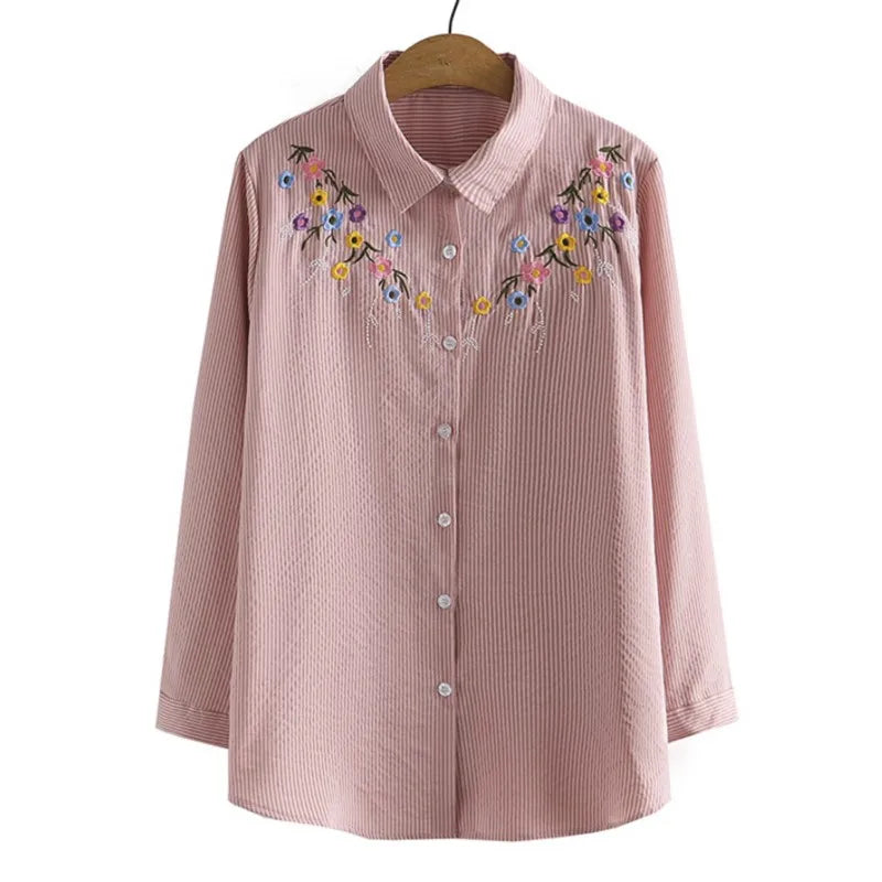 4XL Plus Size Shirts Women Spring Chest Embroidery Flower Tops Loose Long Sleeve Cotton Blouses Curve Clothes