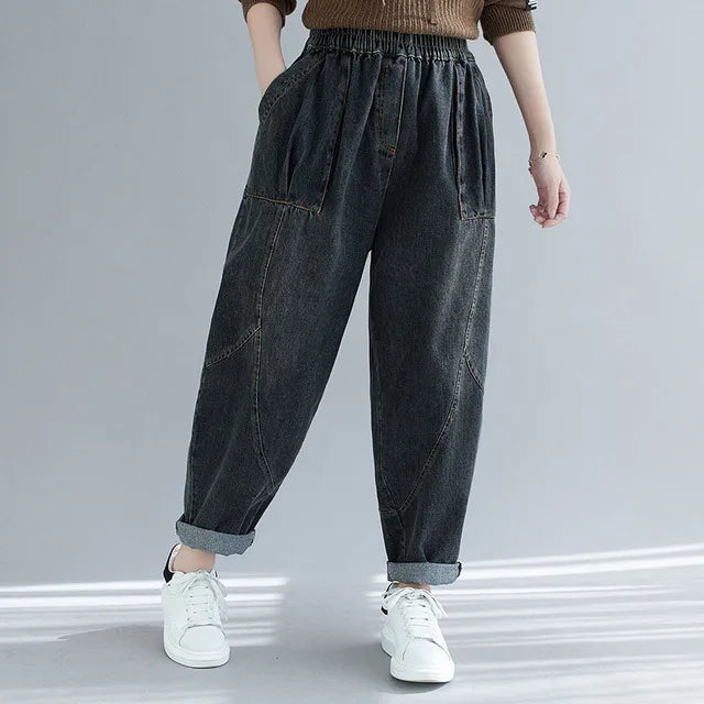 150Kg Plus Size Women's Spring Autumn Woven Korean Big Pocket Jeans 6XL 7XL 8XL 9XL Loose Straight High Waist Harem Pants