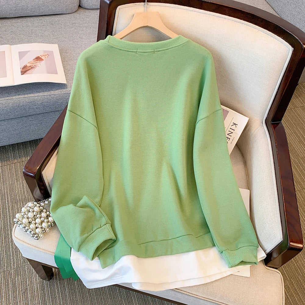 Spring and Autumn New Plus Size Women's Black and Green Fake Two Piece Sweatshirt Round Neck Casual Tie Long Sleeve Top 2024 big