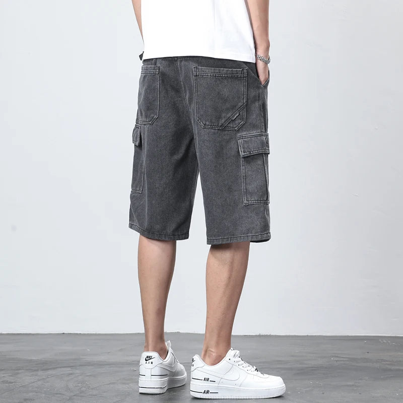 Denim Shorts for Men's Cargo Pants Large Pockets Casual Fashion Wide Short Pants Baggy Bermuda Jeans Male Beach Pants