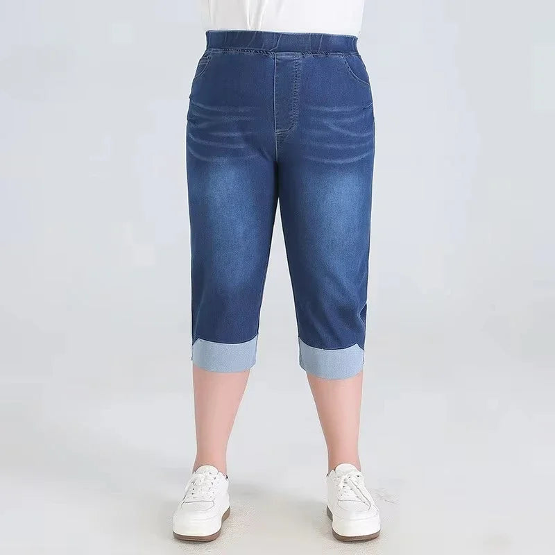 140KG Women Denim Shorts Summer Extra Large Cropped Pants Plus Size 7XL 8XL 9XL High Waisted Elastic Loose Calf-Length Jeans