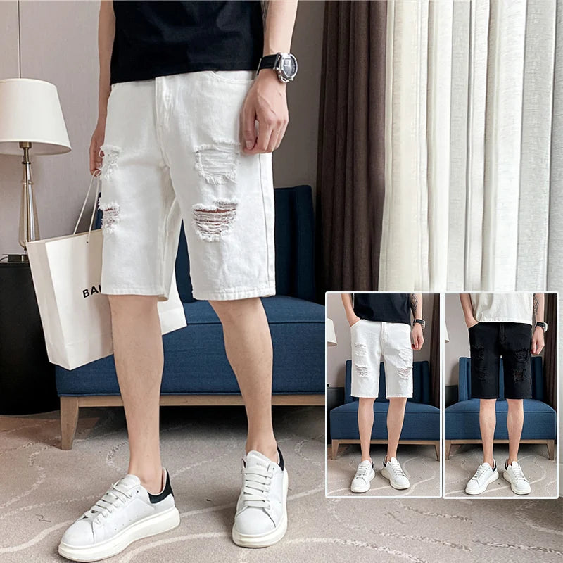 Summer Men's Casual White Denim Shorts White Fashion Ripped Straight Pants Stretch Slimsoft Male Knee Length Hole Short Jeans