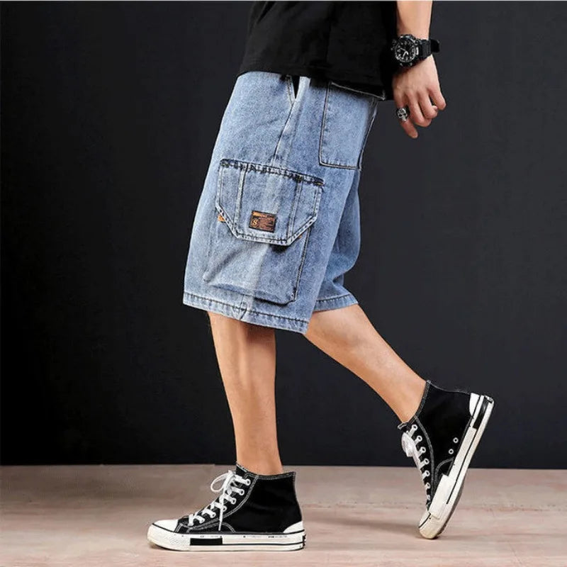 Men's Short Jeans Pants Cargo Baggy Drawstring Male Denim Shorts with Pockets Text Wide Loose Original Cowboy Buttons Jorts Sale