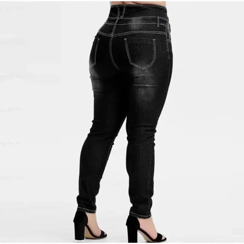 Plus Size Button Up Skinny Black Gray Long Jeans 4XL 5XL Women Spring High Waist Stretch Skinny Thin Denim Pants Lady Trousers