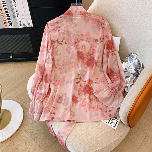 Plus size women's spring and fall casual chiffon top lace-up loose comfortable printed shirt commuter top light and breathable