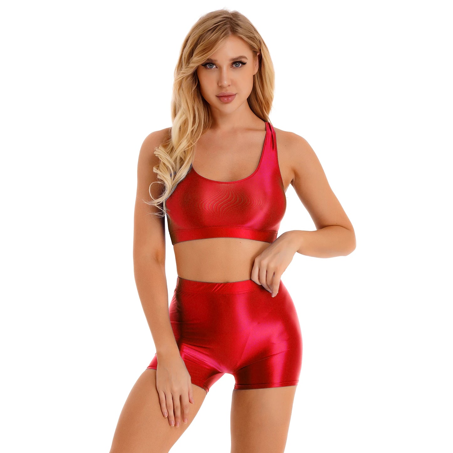 Womens 2 Piece Outfit Set Glossy Sleeveless U Neck Tank Top with Mid-Waisted Shorts Outfits for Sports Fitness Yoga Swimwear