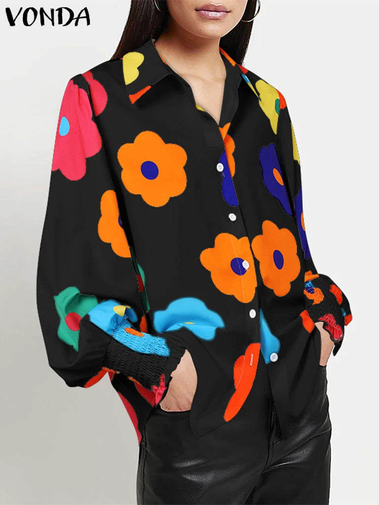 Plus Size 5XL VONDA Casual Floral Printing Loose Tops Women Shirts 2024 Lapel Collar Blouses Top Lantern Long Sleeve Tunic