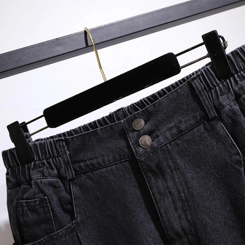 150Kg Plus Size Women's Spring Autumn Loose High Waist Slim Jeans 6XL 7XL 8XL 9XL 10XL Straight Wide Leg Pants Black Blue