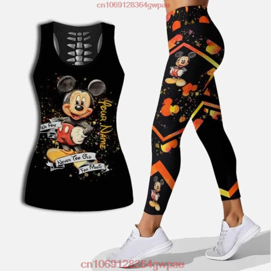 New Mickey Mouse Women's Hollow Vest Women's Leggings Yoga Suit Fitness Leggings Sports Suit Disney Tank Top Legging Set Outfit