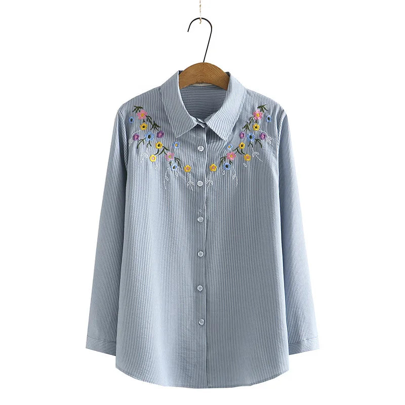 4XL Plus Size Shirts Women Spring Chest Embroidery Flower Tops Loose Long Sleeve Cotton Blouses Curve Clothes