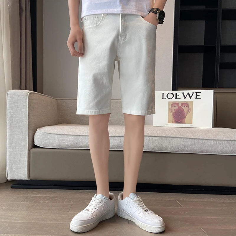 Summer Men's Casual White Denim Shorts White Fashion Ripped Straight Pants Stretch Slimsoft Male Knee Length Hole Short Jeans