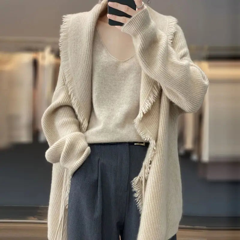 Autumn Winter New Fashion V-neck Long Sleeve Solid Tassels Cardigan Sweaters Women's Clothing Loose All-match Knitting Chic Tops