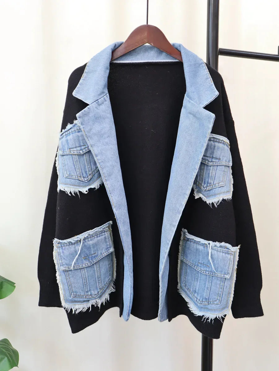 Raw Hem Cardigan Women Sweaters Patchwork Notched Collar Knitted Denim Jackets Jumpers Pockets Thick Coats Autumn Winter Outwear