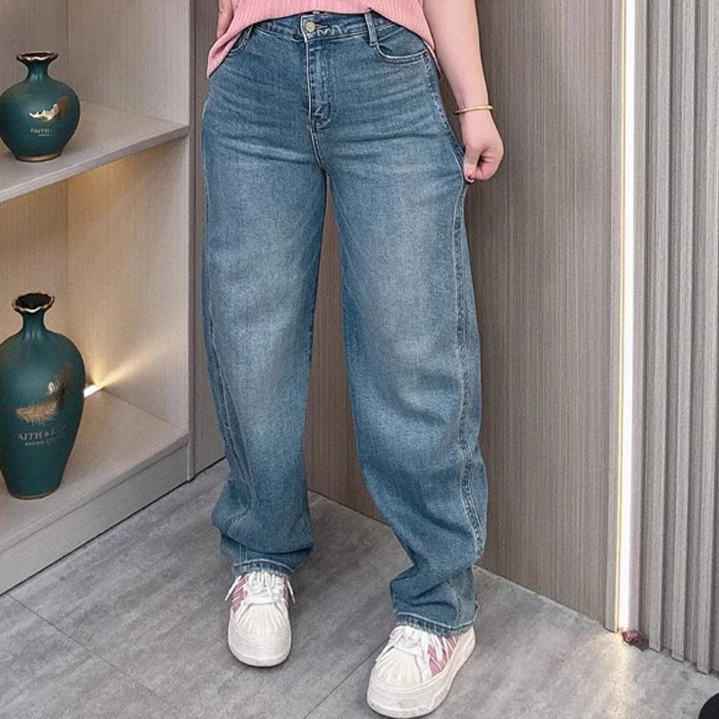 Plus Size Women's High Waist Narrow Straight Jeans 2025 Spring Fall Premium Sickle Cut Wide Leg Pants For Pear-Shaped Figure